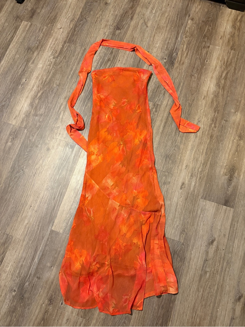 Orange Floral Maxi Dress with Halter Tie